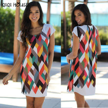 Summer Ladies Dresses Multicolor Geometric Short Sleeve Mini Dress Bodycon Sheath Office Dress Vestiti Donna Eleganti#A913
