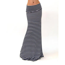 Summer Skirt Women Fashions Asymmetric High Waist Striped Fold Over Stretch Black Long Maxi Skirt#2511