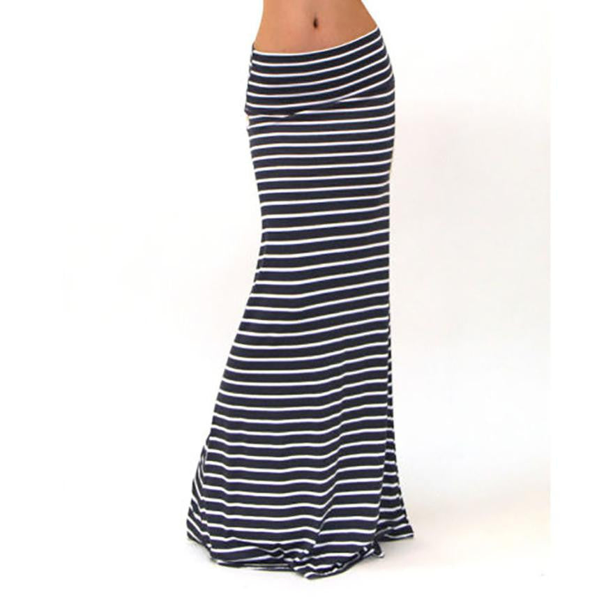 Summer Skirt Women Fashions Asymmetric High Waist Striped Fold Over Stretch Black Long Maxi Skirt#2511