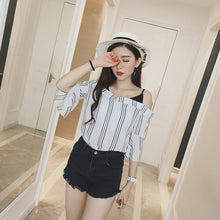 Summer Strapless Women Shirt Korean Style False Two Piece Butterfly Sleeve Blouse Sexy Slash Neck Striped Tops 71239