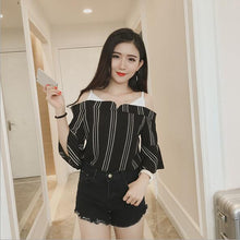 Summer Strapless Women Shirt Korean Style False Two Piece Butterfly Sleeve Blouse Sexy Slash Neck Striped Tops 71239