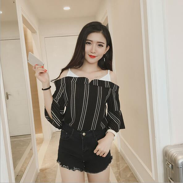 Summer Strapless Women Shirt Korean Style False Two Piece Butterfly Sleeve Blouse Sexy Slash Neck Striped Tops 71239