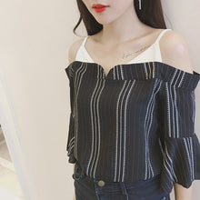 Summer Strapless Women Shirt Korean Style False Two Piece Butterfly Sleeve Blouse Sexy Slash Neck Striped Tops 71239