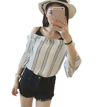 Summer Strapless Women Shirt Korean Style False Two Piece Butterfly Sleeve Blouse Sexy Slash Neck Striped Tops 71239