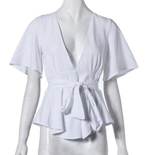 Summer Style Flounced Waist Sexy Shirt Sexy Backless Lotus Leaf Edge V Collar Tops Slim Blouses #3546