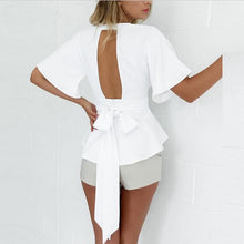 Summer Style Flounced Waist Sexy Shirt Sexy Backless Lotus Leaf Edge V Collar Tops Slim Blouses #3546