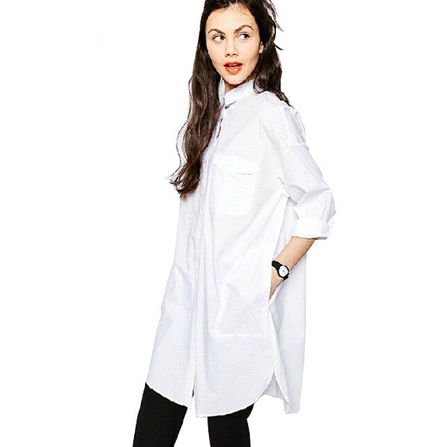 Summer Style Women White Loose Pockets Long Sleeve Dresses Notched Plus Size White Shirtdress