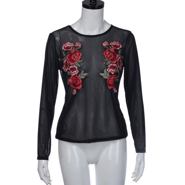 Summer Women Blouses 2017 Appliques Rose Floral Transparent Loose Backless Long Sleeve Casual Tops blusas feminina vero 2017 #63