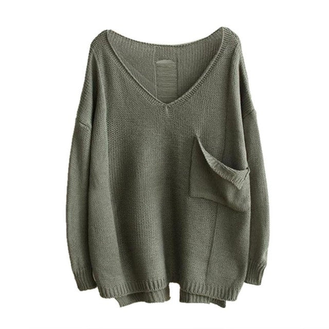 Sweaters Womens Long Sleeve V-Neck Casual Loose Pullovers Autumn Winter 2016 Solid Pocket Jumper Sweaters pull femme 4Color #WY