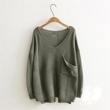 Sweaters Womens Long Sleeve V-Neck Casual Loose Pullovers Autumn Winter 2016 Solid Pocket Jumper Sweaters pull femme 4Color #WY