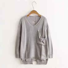 Sweaters Womens Long Sleeve V-Neck Casual Loose Pullovers Autumn Winter 2016 Solid Pocket Jumper Sweaters pull femme 4Color #WY