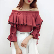 Sweet Women Shirt 2017 Summer Flare Sleeves Slash Neck Blouses Female Ruffle Strapless Chiffon Tops Shirt 33055