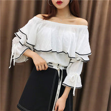 Sweet Women Shirt 2017 Summer Flare Sleeves Slash Neck Blouses Female Ruffle Strapless Chiffon Tops Shirt 33055