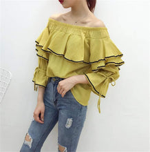 Sweet Women Shirt 2017 Summer Flare Sleeves Slash Neck Blouses Female Ruffle Strapless Chiffon Tops Shirt 33055