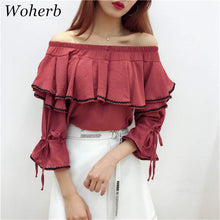 Sweet Women Shirt 2017 Summer Flare Sleeves Slash Neck Blouses Female Ruffle Strapless Chiffon Tops Shirt 33055