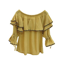Sweet Women Shirt 2017 Summer Flare Sleeves Slash Neck Blouses Female Ruffle Strapless Chiffon Tops Shirt 33055