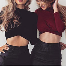 T-shirt 2017 Hot Long Sleeve Basic Women Sexy Slim Solid Short Style T-shirt Tops Female Turtleneck Crossing Tee Shirt Femme #43