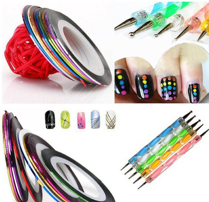 Toopoot's Vestido 2017 DIY 5X2 Marbleizing Dotting Pen Set Nail Art decorations Manicure Pedicure 10 Color Rolls Striping Tape