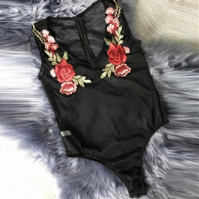 Trendy Bodysuits Women 2017 Summer Sleeveless Appliques Embroidery Floral Bodycon Lace Sheer Triangle Jumpsuits Women #23
