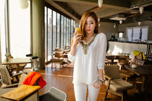Tribal Pattern Loose Women Blouse Copper Decorate Chiffon Shirt Sheer Korean Style Ladies Tops And Blouses Long Sleeve V Neck