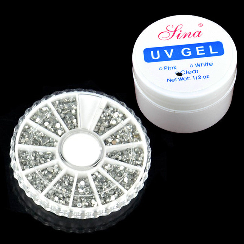 UV Gel Nail UV Builder Gel Clear Art Manicure Tips Glue & 3600Pcs Nail Art Round Rhinestone Glitter Tip Wheel
