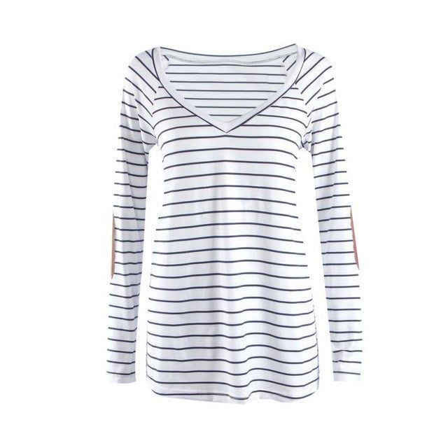 White Blouse Striped Patch Loose Long Sleeve Tops Sexy V-Neck Women Autumn Clothes Blusa Com Renda#A913