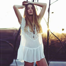 White Chiffon Lace Splice Dress A-Line Short Sleeve Loose Chiffon Mini Dress Vestidos Largos De Verano#3546