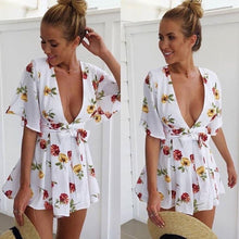 White elegant jumpsuit 2016 summer overalls Printing V Neck Short rompers womens jumpsuit summer Playsuit Bodysuit#3546