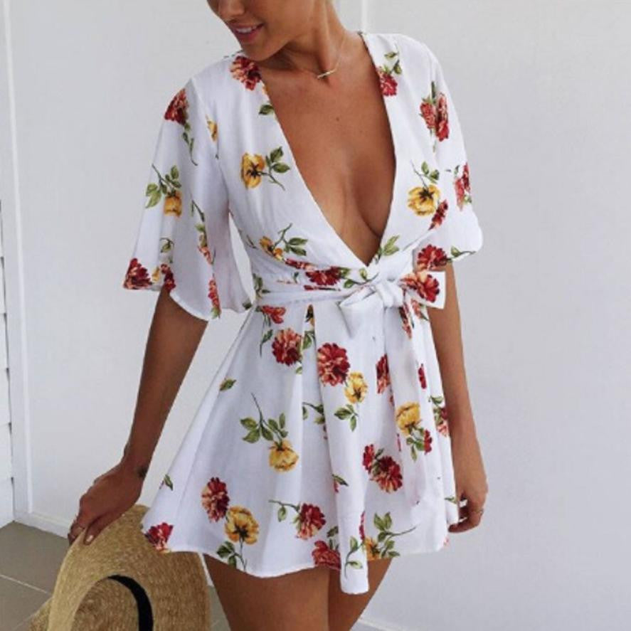 White elegant jumpsuit 2016 summer overalls Printing V Neck Short rompers womens jumpsuit summer Playsuit Bodysuit#3546