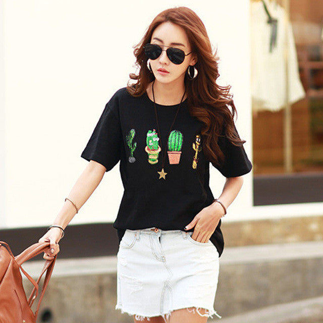 Woherb Causal Cactus Sequined T-shirt 2017 Summer Women Harajuku O-neck Short Sleeves Tops Tee Large Size Punk Shirts 33112