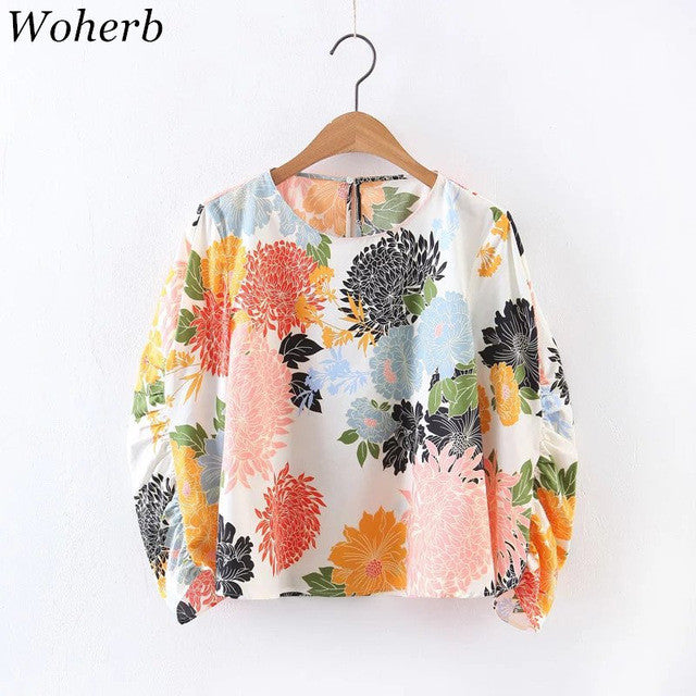 Woherb Chrysanthemum Print Chiffon Blouses New 2017 Fashion Summer Elegant Blouse Ladies Blusas Plus Size Women Tops 72769