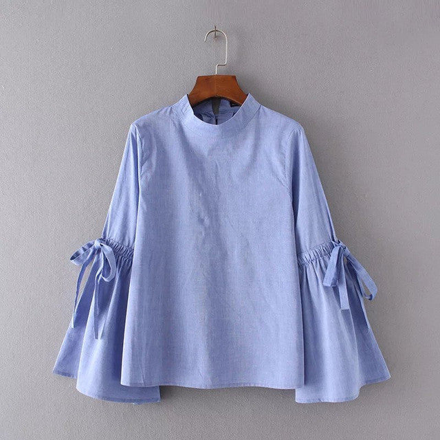 Woherb European Style Button Blouses New 2017 Fashion Bow Tie Blue Elegant Blouse Brief Ladies Blusas Women Tops Plus Size 72763