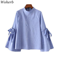 Woherb European Style Button Blouses New 2017 Fashion Bow Tie Blue Elegant Blouse Brief Ladies Blusas Women Tops Plus Size 72763