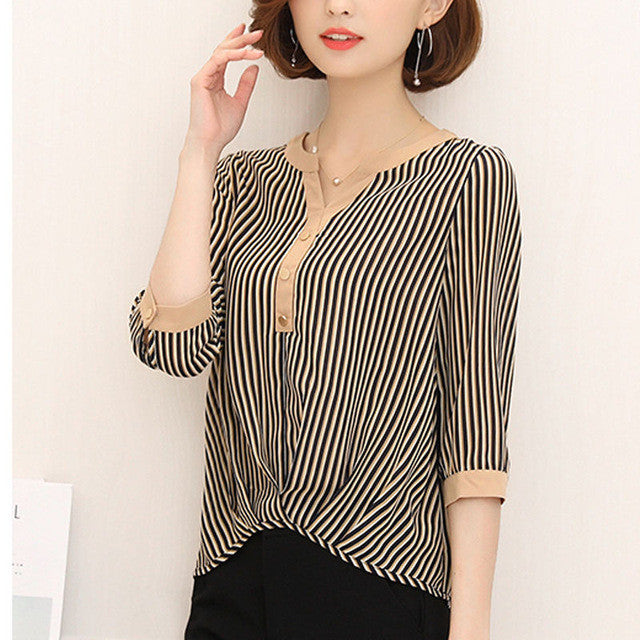 Woherb Fashion Batwing Sleeves Stripe Blouse 2017 V-neck Patchwork Shirt Button Design Office Lady Plus Size Chiffon Tops 33104
