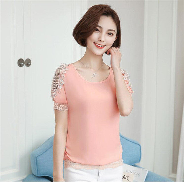 Woherb Female Tops Shirt 2017 Summer Short Sleeves O-neck Blouses Lace Diamond Design Shirts Loose Plus Size Chiffon Shirt 33100