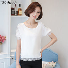 Woherb Female Tops Shirt 2017 Summer Short Sleeves O-neck Blouses Lace Diamond Design Shirts Loose Plus Size Chiffon Shirt 33100