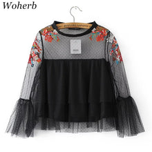 Woherb Floral Embroidery Chiffon Blouses New 2017 Fashion Patchwork Lace Tulle Blouse Ladies Blusas Women Tops Plus Size 72762