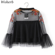 Woherb Floral Embroidery Chiffon Blouses New 2017 Fashion Patchwork Lace Tulle Blouse Ladies Blusas Women Tops Plus Size 72762