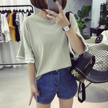 Woherb Solid T-shirt 2017 Woman Summer Tassel Patchwork Tops Tee Flare Sleeve Shirt Casual Female V-neck Tops Clothing 33083