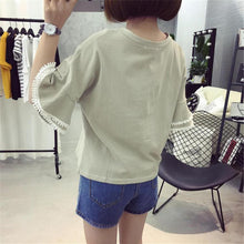 Woherb Solid T-shirt 2017 Woman Summer Tassel Patchwork Tops Tee Flare Sleeve Shirt Casual Female V-neck Tops Clothing 33083