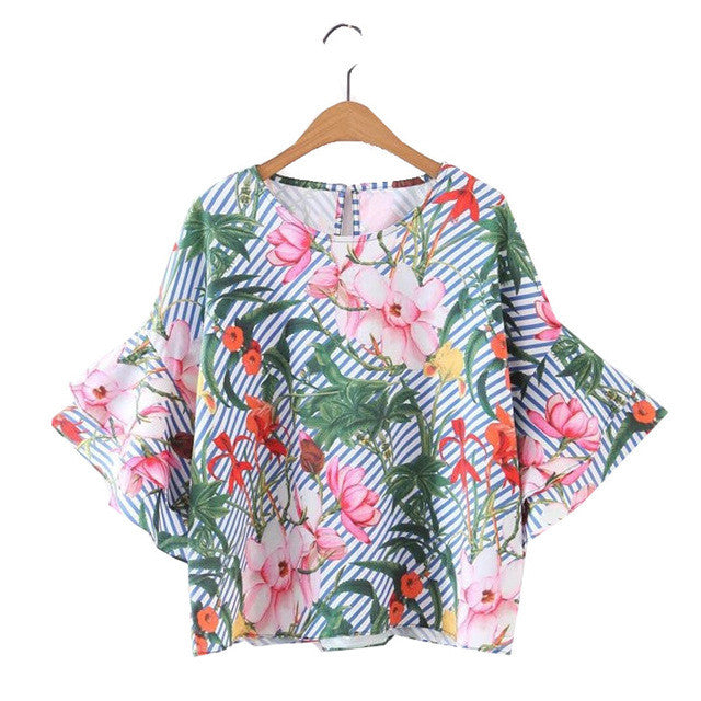 Woherb Summer Spring Bohemia Style Print Blouses New 2017 Fashion Blue Striped Blouse Ladies Blusas Women Tops Plus Size 72759