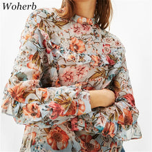 Woherb Summer Spring Floral Print Chiffon Blouses New 2017 Fashion Ruffles Blouse Button Ladies Blusas Women Tops Plus Size 2767