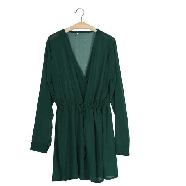 Woman Dress Summer Elastic Waist Solid V-Neck Elegant Full Sleeve Short Dress Vestido Manga Longa#B713