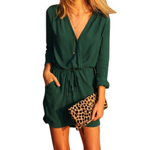 Woman Dress Summer Elastic Waist Solid V-Neck Elegant Full Sleeve Short Dress Vestido Manga Longa#B713