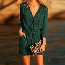 Woman Dress Summer Elastic Waist Solid V-Neck Elegant Full Sleeve Short Dress Vestido Manga Longa#B713
