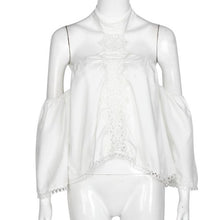 Women Blouses Chiffon Backless Halter Top Flare Sleeve White Lace Blouse Off Shoulder Long Sleeve Blouse Femme #B803