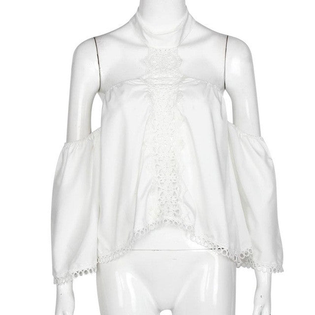 Women Blouses Chiffon Backless Halter Top Flare Sleeve White Lace Blouse Off Shoulder Long Sleeve Blouse Femme #B803