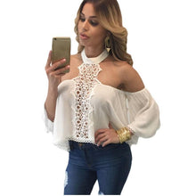 Women Blouses Chiffon Backless Halter Top Flare Sleeve White Lace Blouse Off Shoulder Long Sleeve Blouse Femme #B803