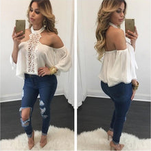 Women Blouses Chiffon Backless Halter Top Flare Sleeve White Lace Blouse Off Shoulder Long Sleeve Blouse Femme #B803
