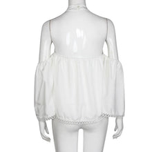 Women Blouses Chiffon Backless Halter Top Flare Sleeve White Lace Blouse Off Shoulder Long Sleeve Blouse Femme #B803